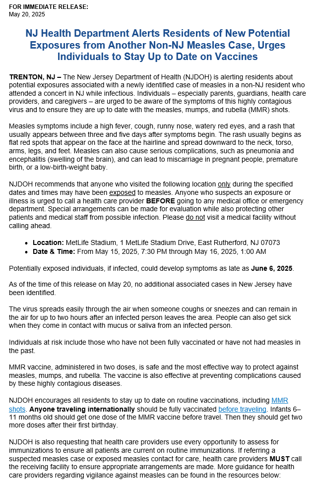 Measles alert for anyone who went to the Shakira show at MetLife Stadium on May 15 @MetLifeStadium @shakira